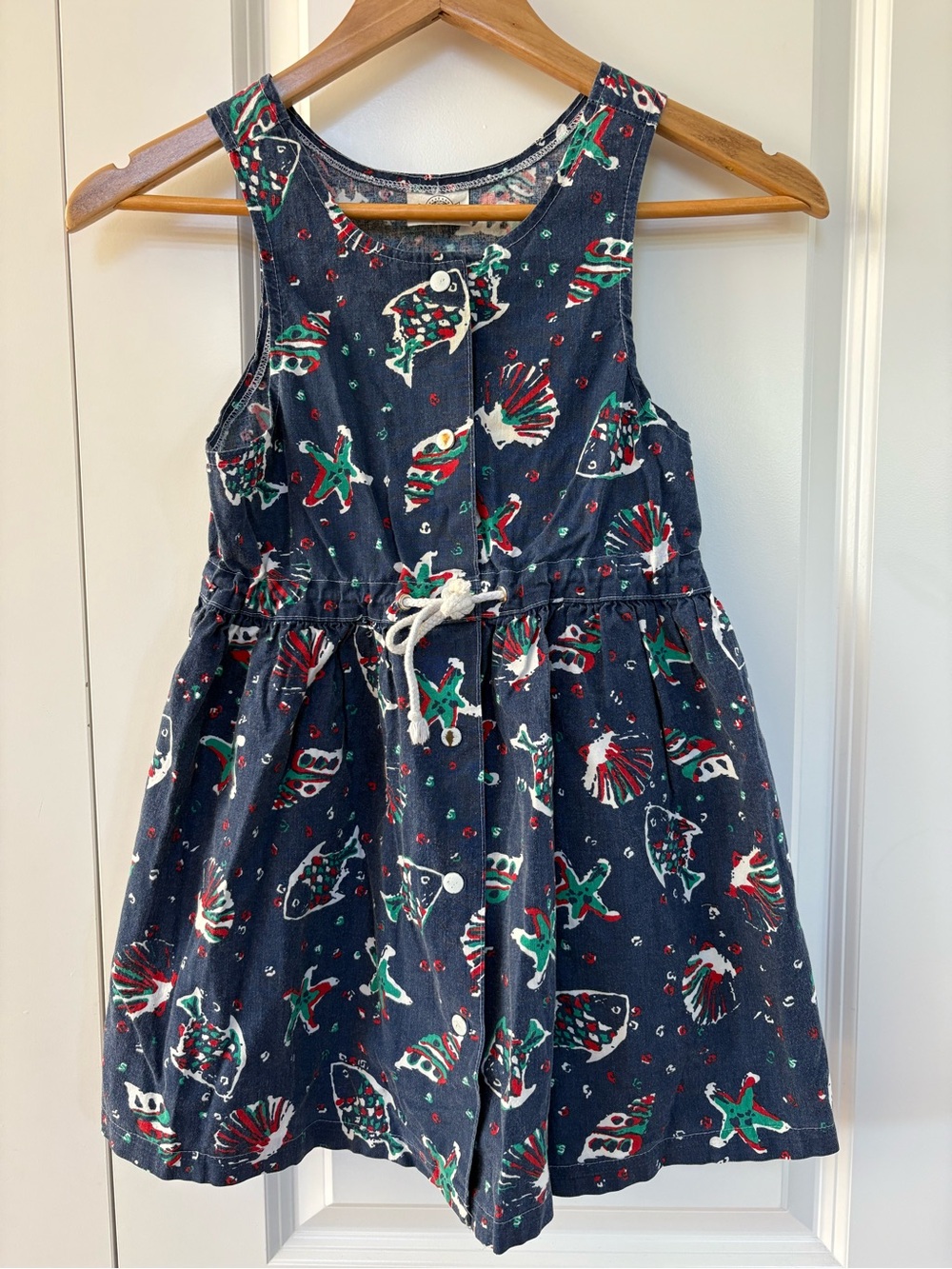 Vintage Please Mum Navy Seashell Print Kids Dress with Snaps & Drawstring Waist